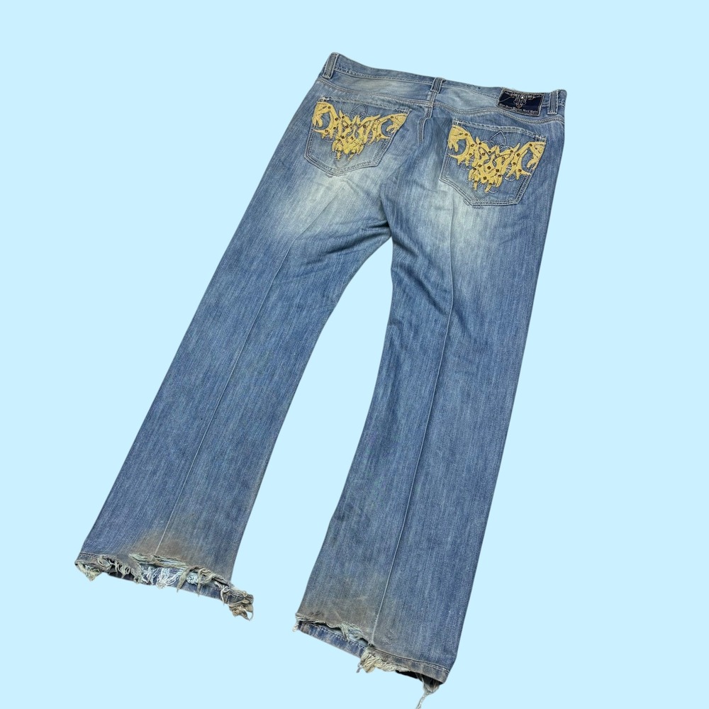 Pepe Jeans London Men Blue Embroidered Studded Distressed Flare Jeans 39x31